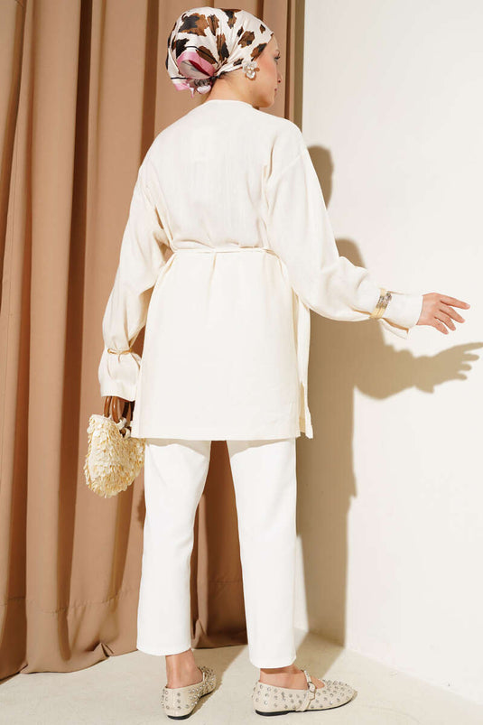 British Button-Down Belted Shirt, Beige