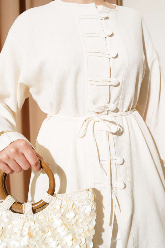 Brit Düğmeli İp Kuşaklı Gömlek Bej