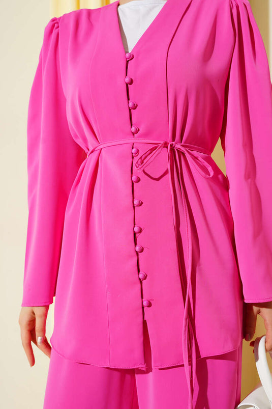 Ensemble deux pièces tunique britannique boutonnée avec cordon de serrage, fuchsia