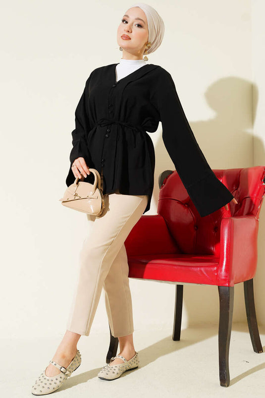 Brit Buttoned Tensel Shirt with Cord Belt Black