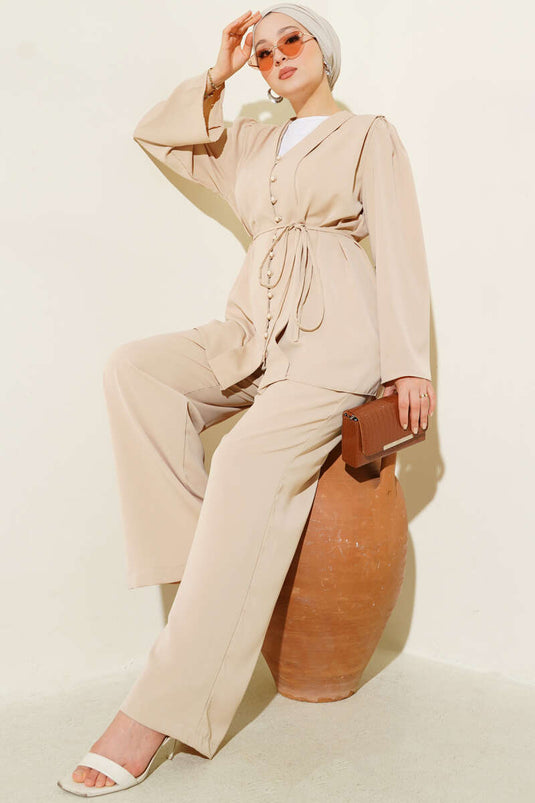 Ensemble deux pièces tunique boutonnée britannique avec cordon de serrage, beige