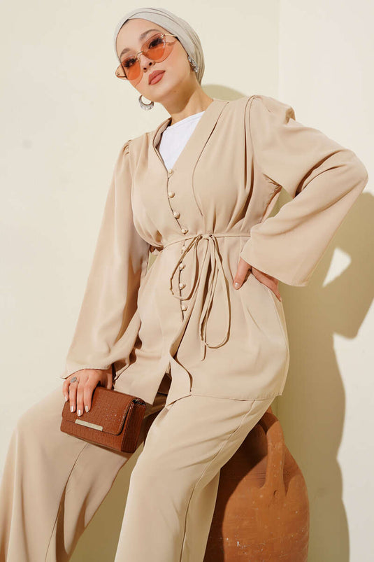 Ensemble deux pièces tunique boutonnée britannique avec cordon de serrage, beige