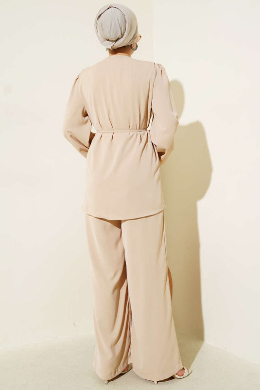 Ensemble deux pièces tunique boutonnée britannique avec cordon de serrage, beige