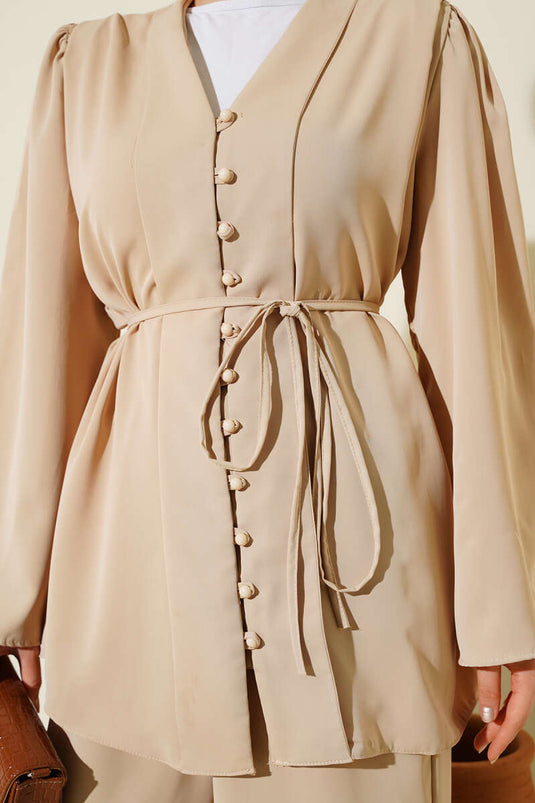 Ensemble deux pièces tunique boutonnée britannique avec cordon de serrage, beige