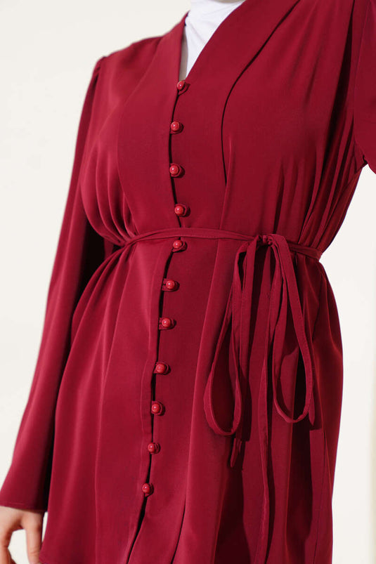 طقم تونيك بريتي من قطعتين بأزرار وحزام، أحمر كلاريت