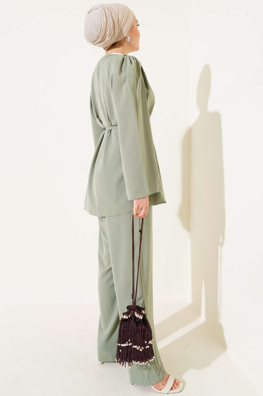 Ensemble deux pièces tunique ceinturée en corde boutonnée Brit vert amande