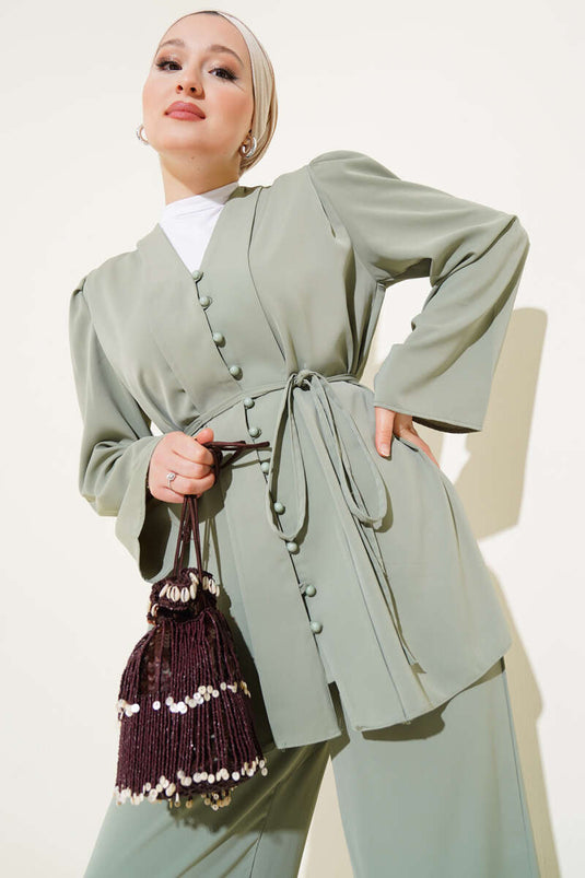 Ensemble deux pièces tunique ceinturée en corde boutonnée Brit vert amande