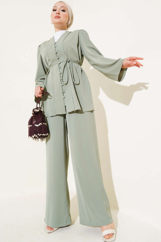 Ensemble deux pièces tunique ceinturée en corde boutonnée Brit vert amande