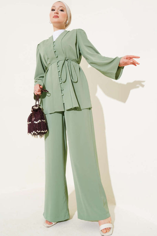 Ensemble deux pièces tunique ceinturée en corde boutonnée Brit vert amande