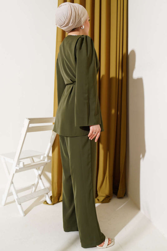 Brit Buttoned Cord Belted Tunic Two-Piece Set Khaki