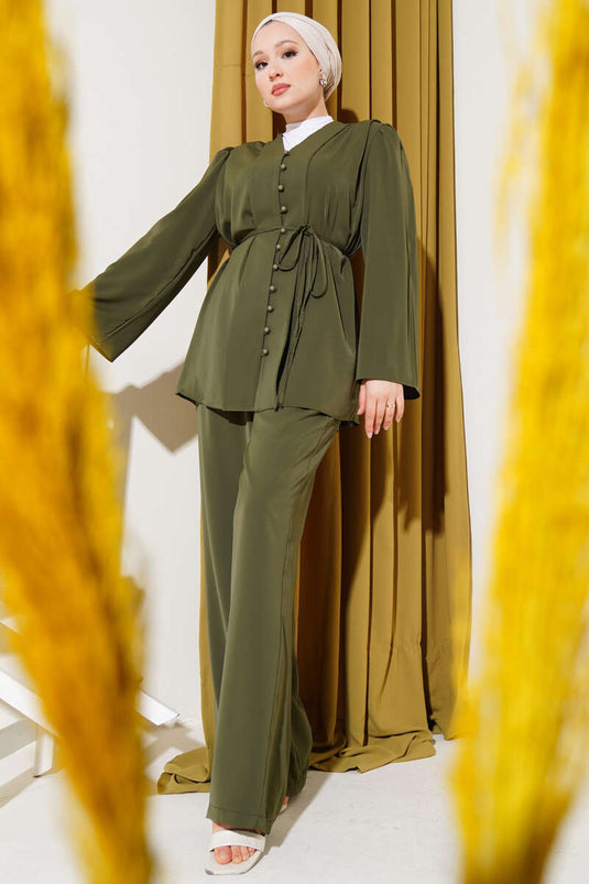 Brit Buttoned Cord Belted Tunic Two-Piece Set Khaki