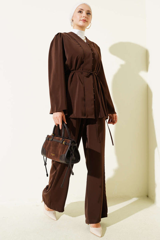 Brit Düğmeli İp Kuşaklı Tunik İkili Takım Kahve