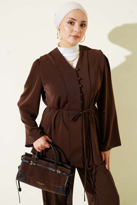 Brit Düğmeli İp Kuşaklı Tunik İkili Takım Kahve