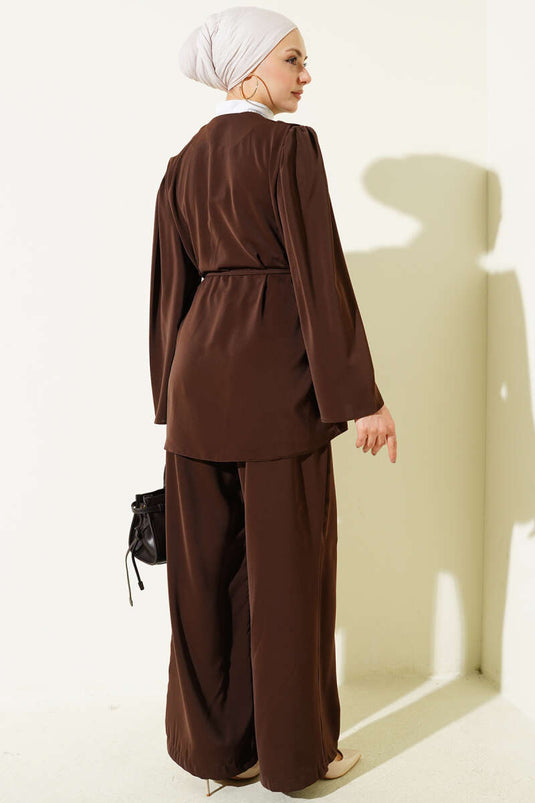 Brit Düğmeli İp Kuşaklı Tunik İkili Takım Kahve