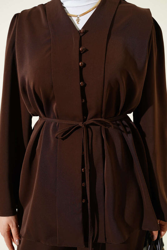 Brit Düğmeli İp Kuşaklı Tunik İkili Takım Kahve