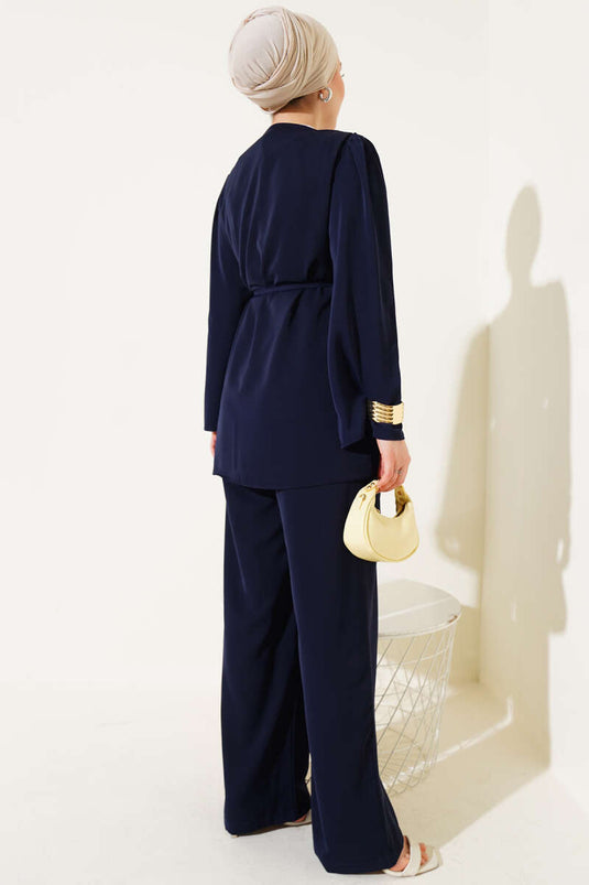 Brit Düğmeli İp Kuşaklı Tunik İkili Takım Lacivert