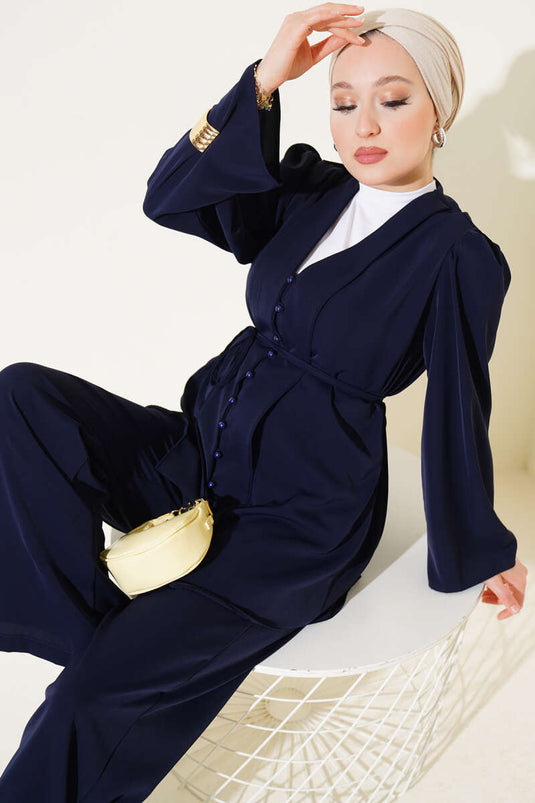 Brit Düğmeli İp Kuşaklı Tunik İkili Takım Lacivert