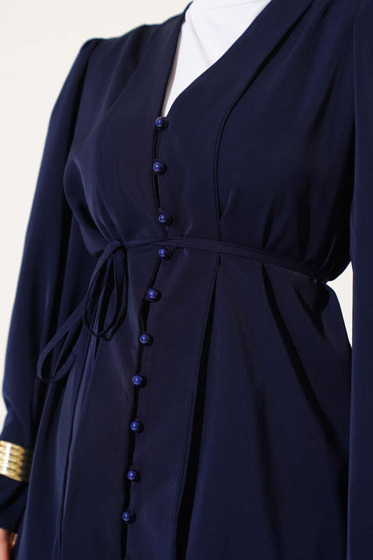 Brit Düğmeli İp Kuşaklı Tunik İkili Takım Lacivert
