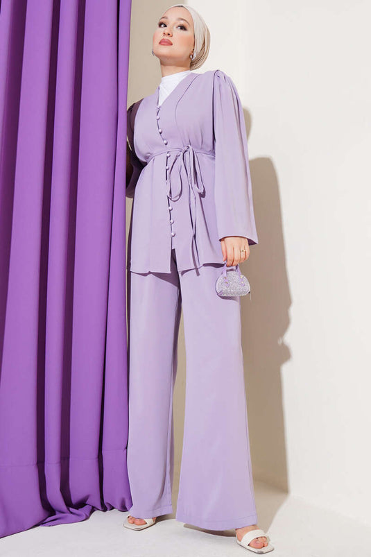 Brit Zweiteiliges Tunika-Set mit geknöpftem Seil und Gürtel in Flieder