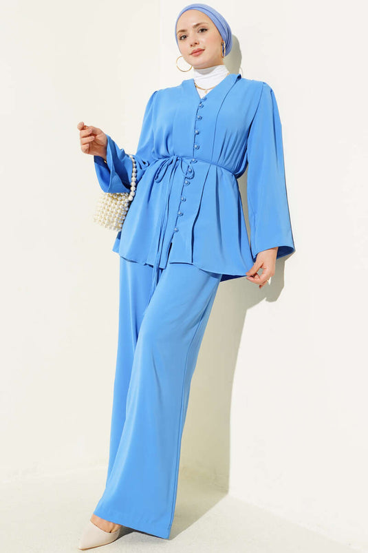 British Buttoned Cord Belted Tunic Two-Piece Set Blue