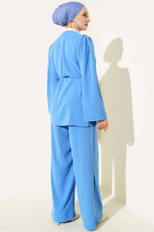 British Buttoned Cord Belted Tunic Two-Piece Set Blue