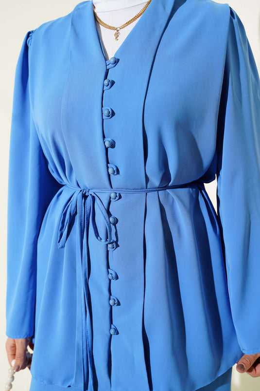 British Buttoned Cord Belted Tunic Two-Piece Set Blue