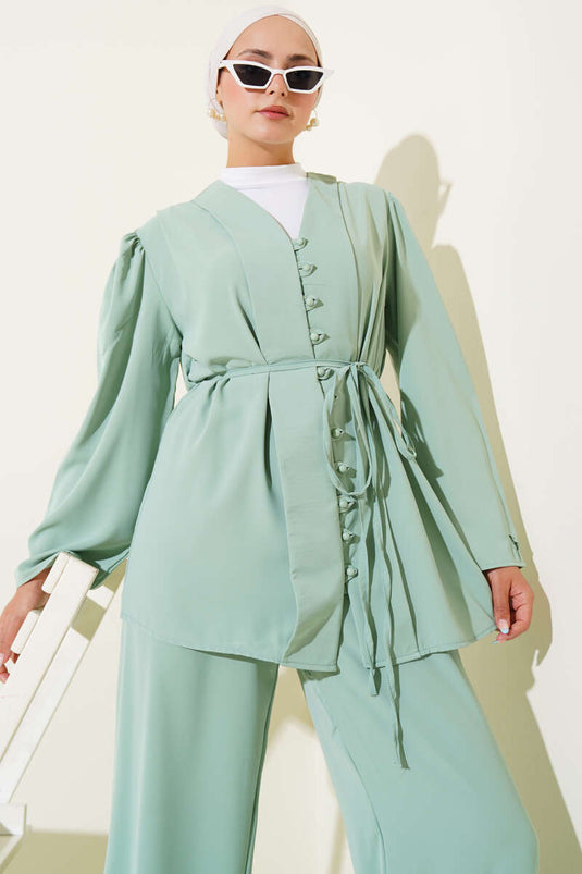 Ensemble deux pièces tunique boutonnée avec ceinture en corde vert menthe