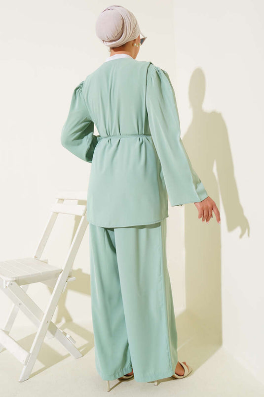 Ensemble deux pièces tunique boutonnée avec ceinture en corde vert menthe