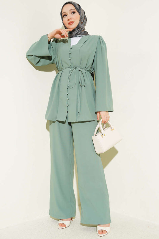 Ensemble tunique à boutons Brit avec ceinture corde, vert persan