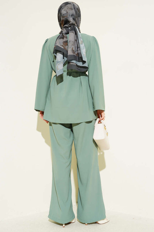 Ensemble tunique à boutons Brit avec ceinture corde, vert persan