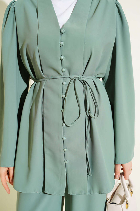 Ensemble tunique à boutons Brit avec ceinture corde, vert persan