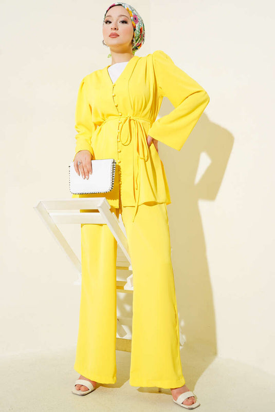 British Buttoned Tunic with Drawstring Two-Piece Set, Yellow