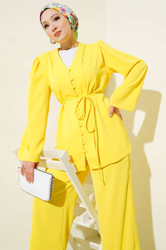 British Buttoned Tunic with Drawstring Two-Piece Set, Yellow