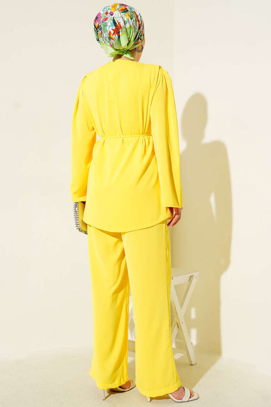 British Buttoned Tunic with Drawstring Two-Piece Set, Yellow