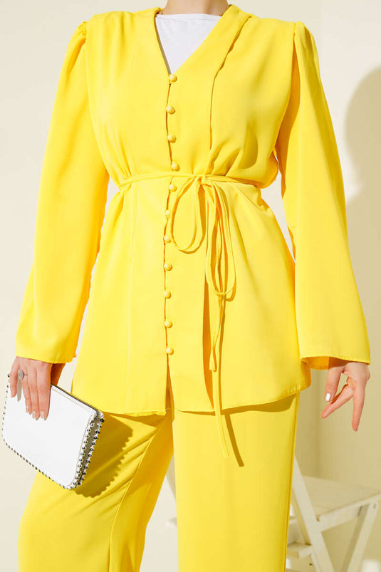British Buttoned Tunic with Drawstring Two-Piece Set, Yellow