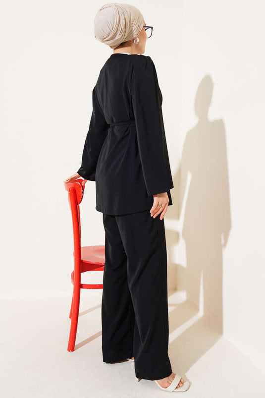 Ensemble deux pièces tunique boutonnée avec ceinture en corde Brit noir