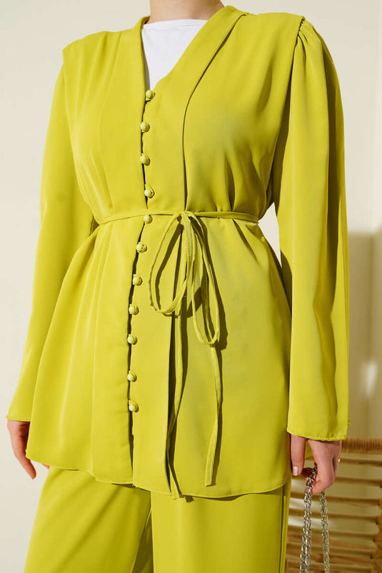 طقم مكون من قطعتين من التونيك البريطاني بأزرار ورباط، لون أخضر زيتوني