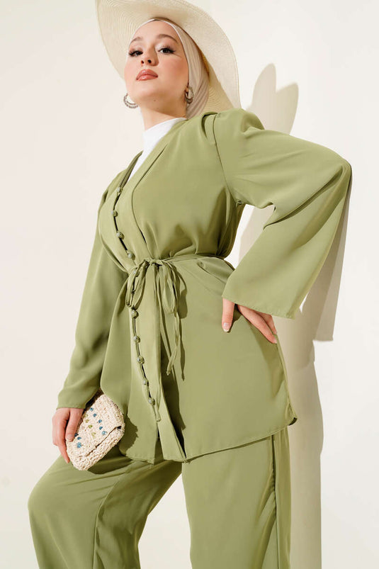 Brit Düğmeli İp Kuşaklı Tunik İkili Takım Yeşil