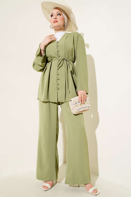 Brit Düğmeli İp Kuşaklı Tunik İkili Takım Yeşil