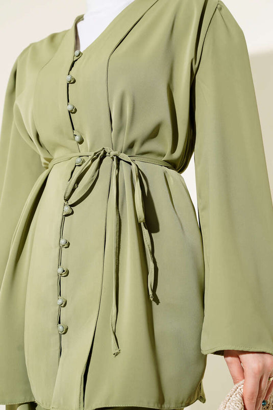 Brit Düğmeli İp Kuşaklı Tunik İkili Takım Yeşil