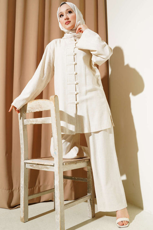 Ensemble deux pièces tunique boutonnée en lin beige Brit