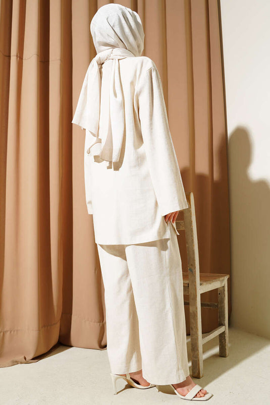 Ensemble deux pièces tunique boutonnée en lin beige Brit