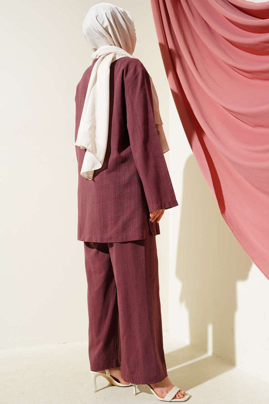 Ensemble deux pièces tunique en lin boutonnée Brit rouge bordeaux