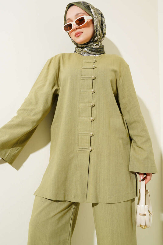 Ensemble deux pièces tunique en lin boutonnée Brit vert amande