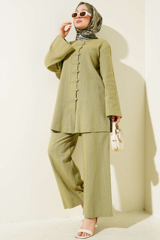 Ensemble deux pièces tunique en lin boutonnée Brit vert amande