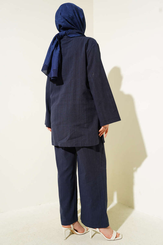 Ensemble deux pièces tunique boutonnée en lin bleu marine Brit