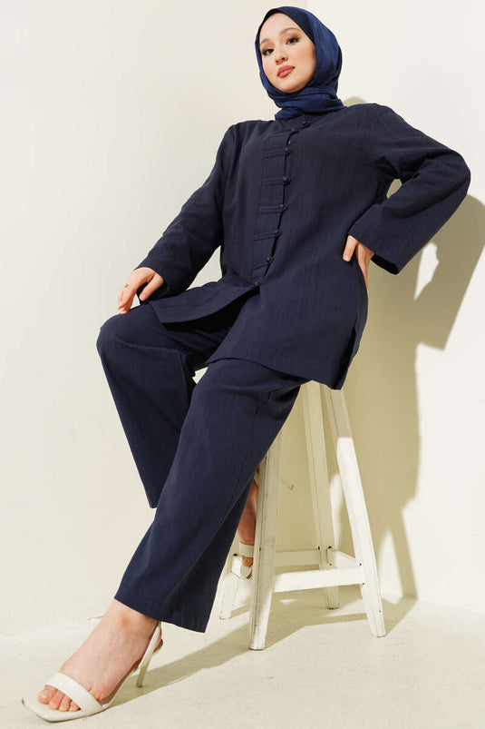 Ensemble deux pièces tunique boutonnée en lin bleu marine Brit