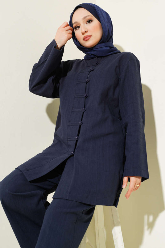 Ensemble deux pièces tunique boutonnée en lin bleu marine Brit