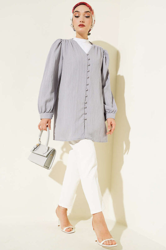 قميص بريطاني بأزرار وتجعيدات رمادي