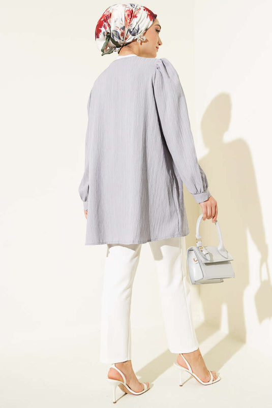 قميص بريطاني بأزرار وتجعيدات رمادي